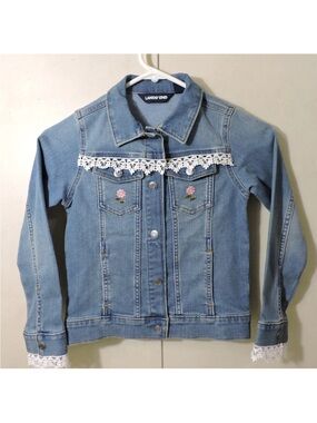 Lands' End Blue Denim Jacket with White Lace & Pink Flower Embroidery